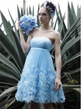  Baby Blue A-line Organza Strapless Sleeveless Beading and Ruching Knee Length Backless Prom Evening Gown