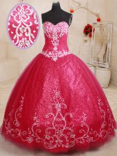 Attractive Floor Length Coral Red Ball Gown Prom Dress Tulle Sleeveless Beading and Appliques and Embroidery