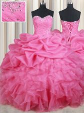 Flirting Rose Pink Ball Gowns Beading and Ruffles and Pick Ups Ball Gown Prom Dress Lace Up Organza Sleeveless Floor Length