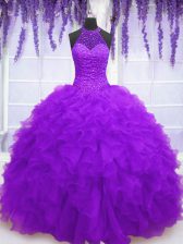  Purple Ball Gowns High-neck Sleeveless Organza Floor Length Lace Up Beading and Ruffles Ball Gown Prom Dress