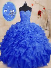 Fashionable Floor Length Royal Blue Quince Ball Gowns Organza Sleeveless Beading and Ruffles