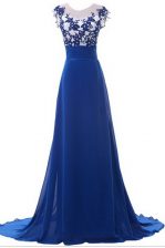 Nice Scoop Blue Zipper Evening Dress Beading and Appliques Sleeveless With Brush Train