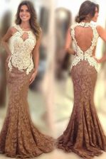 Super Mermaid Scoop Lace Sleeveless Prom Evening Gown Sweep Train and Appliques