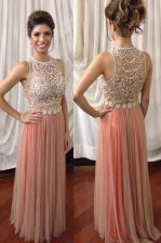  Scoop Pink Tulle Zipper Prom Evening Gown Sleeveless Floor Length Beading