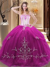  Fuchsia Lace Up Strapless Embroidery 15 Quinceanera Dress Tulle Sleeveless