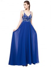  Royal Blue Backless Prom Dress Beading Sleeveless With Train Sweep Train