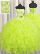 Custom Made Handcrafted Flower Yellow Green Sleeveless Beading and Ruffles and Hand Made Flower Floor Length Quince Ball Gowns