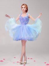 Halter Top Backless Blue Sleeveless Ruffles and Hand Made Flower Mini Length 