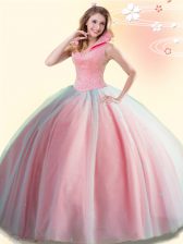 Amazing Watermelon Red High-neck Backless Beading Ball Gown Prom Dress Sleeveless