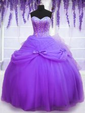 Noble Lavender Sweetheart Neckline Beading and Bowknot Sweet 16 Dress Sleeveless Lace Up