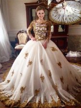Smart White Zipper Scoop Appliques Quinceanera Dresses Tulle Long Sleeves Chapel Train