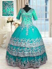  Ruffled Ball Gowns Quinceanera Gown Turquoise V-neck Satin Half Sleeves Floor Length Zipper