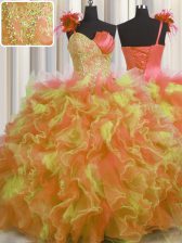  Handcrafted Flower Multi-color One Shoulder Neckline Beading and Ruffles and Hand Made Flower Quinceanera Dress Sleeveless Lace Up