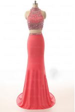  High-neck Sleeveless Brush Train Backless Homecoming Dress Watermelon Red Satin