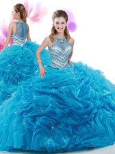  Baby Blue Zipper Quinceanera Gown Ruffles Sleeveless Court Train