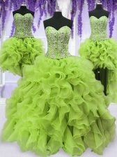 Deluxe Four Piece Sleeveless Organza Floor Length Lace Up 15th Birthday Dress in Yellow Green with Beading and Ruffles