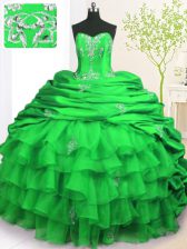 Sophisticated Sleeveless Organza and Taffeta With Brush Train Lace Up Quince Ball Gowns in Green with Beading and Appliques and Ruffled Layers and Pick Ups