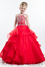 Best Scoop Sleeveless Zipper Little Girls Pageant Dress Red Organza