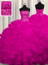  Sleeveless Organza With Train Sweep Train Lace Up Sweet 16 Dress in Fuchsia with Beading and Ruffles