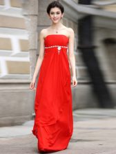 Traditional Sleeveless Chiffon Floor Length Zipper Prom Evening Gown in Coral Red with Beading and Ruching