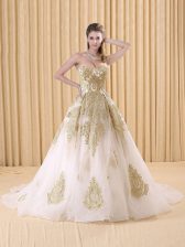 Ideal White Sleeveless Sweep Train Appliques Sweet 16 Dress