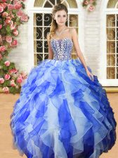  Blue And White Sweetheart Lace Up Beading and Ruffles Sweet 16 Dresses Sleeveless
