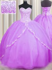 Sleeveless Brush Train Lace Up With Train Beading and Appliques Ball Gown Prom Dress