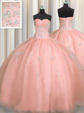  Puffy Skirt Watermelon Red Ball Gowns Organza Sweetheart Sleeveless Beading and Appliques Floor Length Zipper Quinceanera Dresses