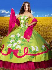 Colorful Sweetheart Sleeveless Quinceanera Dresses Floor Length Embroidery Olive Green Taffeta
