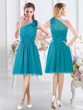  One Shoulder Knee Length Teal Vestidos de Damas Chiffon Sleeveless Ruffles and Ruching