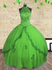  Halter Top Ball Gowns Beading 15 Quinceanera Dress Lace Up Tulle Sleeveless Floor Length