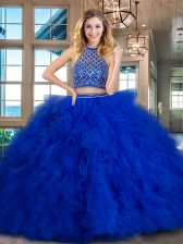 Halter Top Royal Blue Sleeveless Tulle Brush Train Backless Sweet 16 Dresses for Military Ball and Sweet 16 and Quinceanera