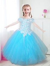 Artistic Aqua Blue Off The Shoulder Neckline Beading and Appliques Flower Girl Dress Cap Sleeves Zipper