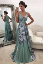 Fantastic Printed With Train Green Dress for Prom V-neck Sleeveless Sweep Train Zipper