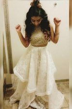Decent Lace White Scoop Neckline Beading and Ruffles Prom Party Dress Sleeveless Zipper