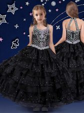  Halter Top Floor Length Black Pageant Gowns For Girls Organza Sleeveless Beading and Ruffled Layers