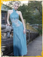  Halter Top Sleeveless Zipper Evening Dress Light Blue Chiffon