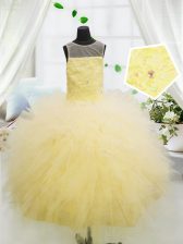 Perfect Light Yellow Little Girls Pageant Dress Party and Wedding Party with Beading and Appliques Scoop Sleeveless Zipper