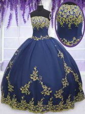 Pretty Navy Blue Strapless Zipper Appliques Sweet 16 Quinceanera Dress Sleeveless