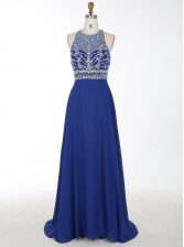 Pretty Scoop Royal Blue Criss Cross Evening Dress Beading Sleeveless With Brush Train