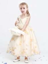 Unique Straps Sleeveless Organza Flower Girl Dresses Appliques and Bowknot and Hand Made Flower Zipper
