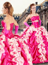  Hot Pink Strapless Neckline Beading and Ruffles and Pick Ups 15 Quinceanera Dress Sleeveless Lace Up