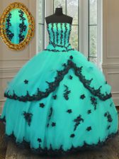 Modest Sleeveless Tulle Floor Length Lace Up Quinceanera Gowns in Turquoise with Appliques