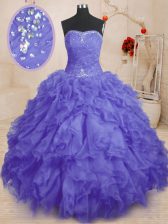  Purple Ball Gowns Beading and Ruffles and Ruching 15th Birthday Dress Lace Up Organza Sleeveless Floor Length