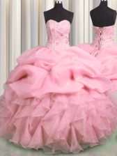 Suitable Visible Boning Rose Pink Lace Up Sweetheart Beading and Ruffles and Pick Ups Quinceanera Dress Organza Sleeveless