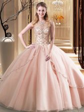  Scoop Peach Ball Gowns Beading Quinceanera Dress Lace Up Tulle Sleeveless