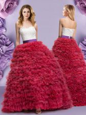  Wine Red Tulle Lace Up 15th Birthday Dress Sleeveless Floor Length Lace and Ruffled Layers