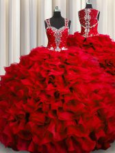  Zipple Up See Through Back Straps Sleeveless Sweet 16 Quinceanera Dress Floor Length Beading and Ruffles Wine Red Organza