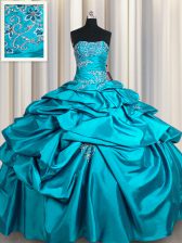 Flirting Pick Ups Floor Length Teal Sweet 16 Dresses Strapless Sleeveless Lace Up