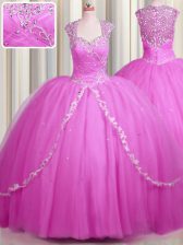  See Through With Train Hot Pink Quinceanera Dress Sweetheart Cap Sleeves Brush Train Zipper
